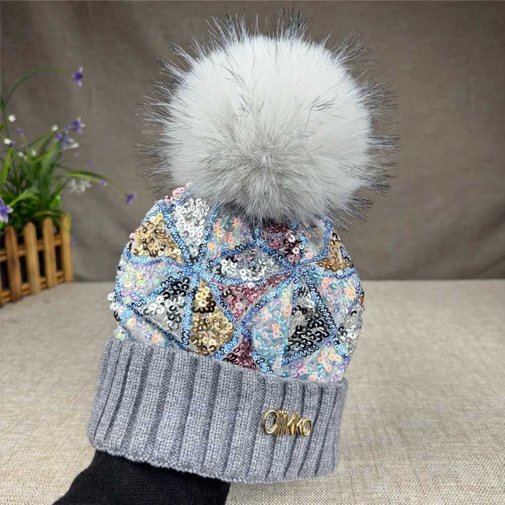Cllikko brand sequins artificial fur ball knitted wool hat for wens autumn and winter warm ear protection fashion G250910