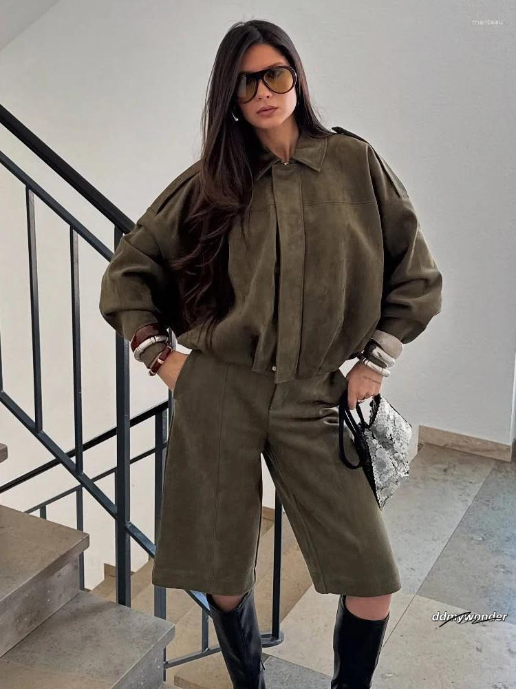 Women's Jackets 2025 Vintage Women Suede Texture Bomber Jacket Female Lapel Zipper Long Sleeve Casual Coat Soild Spring Street ddmywonder