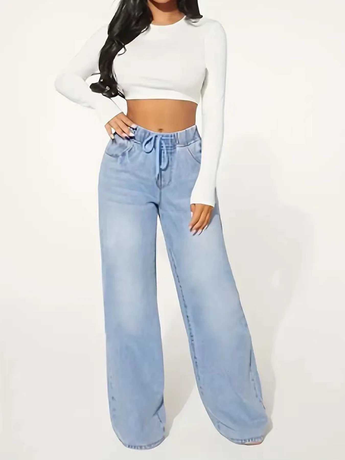 New Womens Fashionable Casual Straight Leg Jeans with Drawstring Washed Denim Versatile Jeans for Daily Use Z250910