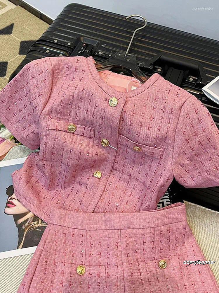 Women's Two Piece Pants BAFU Summer Pink Tweed 2 Set Women Short Sleeve Jacket Wide Legs Shorts Suit Runway Celebrity Coat Clothes 003P