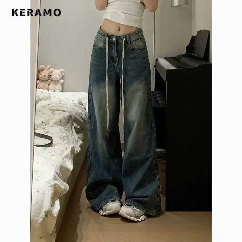 Harajuku Vintage Drawstring High Waist Loose Jeans 2023 Autumn Pants Winter Womens Y2K Wide Leg Baggy Streetwear Denim Trouser Z250910