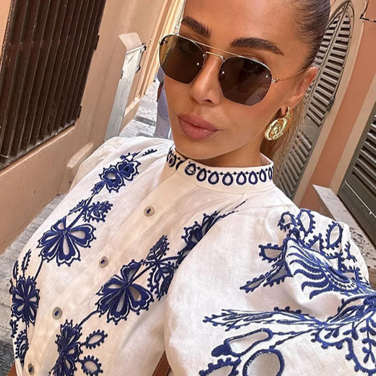 2025 Spring New European design and American Fashion Women's Fashion Printed Single breasted Stand collar Fluffy Short sleeved Dress Designer Dre