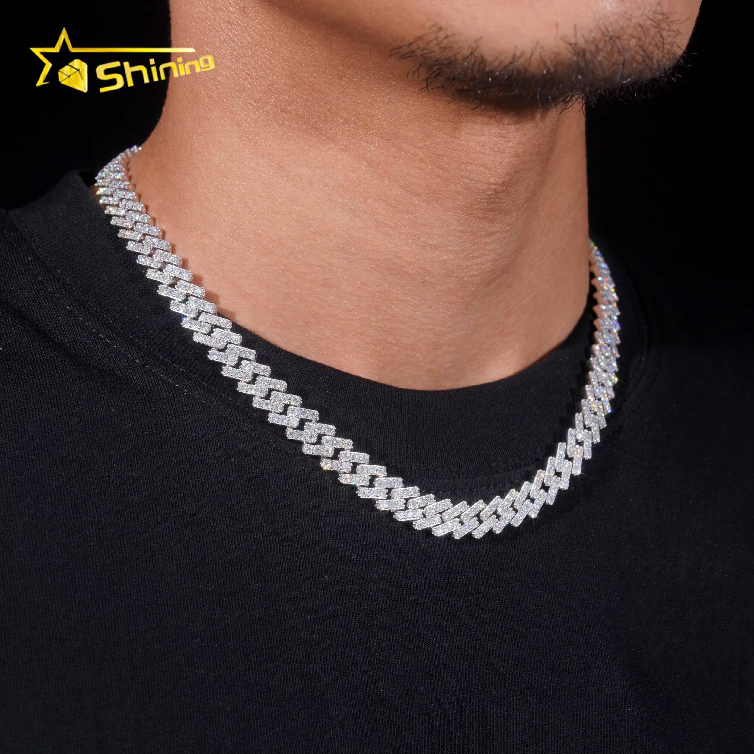 Iced Out Big Stone 10mm Vvs Moissnaite Hip Hop Jewelry Moissanite Cuban Chain Sterling Silver 925 Gold Plated Chain