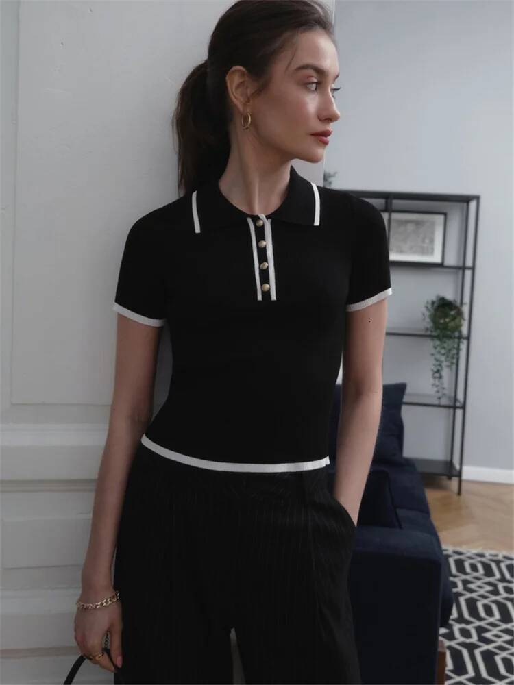Knit Sweater Women Short Sleeve Patchwork Slim Lapel Elegant Contrast Knitwear Top Female Skinny Ribbed Pullover dongdumaoyi
