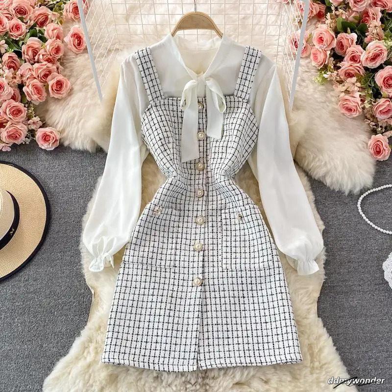 Elegant Chiffon Shirt Tweed Dress Sets Women Long Sleeve Lace Up Bow Shirts Vintage Sling Plaid Dresses Suits Oiffice Lady Y2k 240824