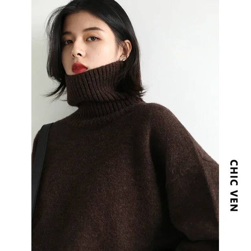 CHIC VEN Korean Women's Sweater Loose Turtleneck Sweaters Warm Solid Pullover Knitwear Basic Female Tops Autumn Winter 2022 dongdumaoyi