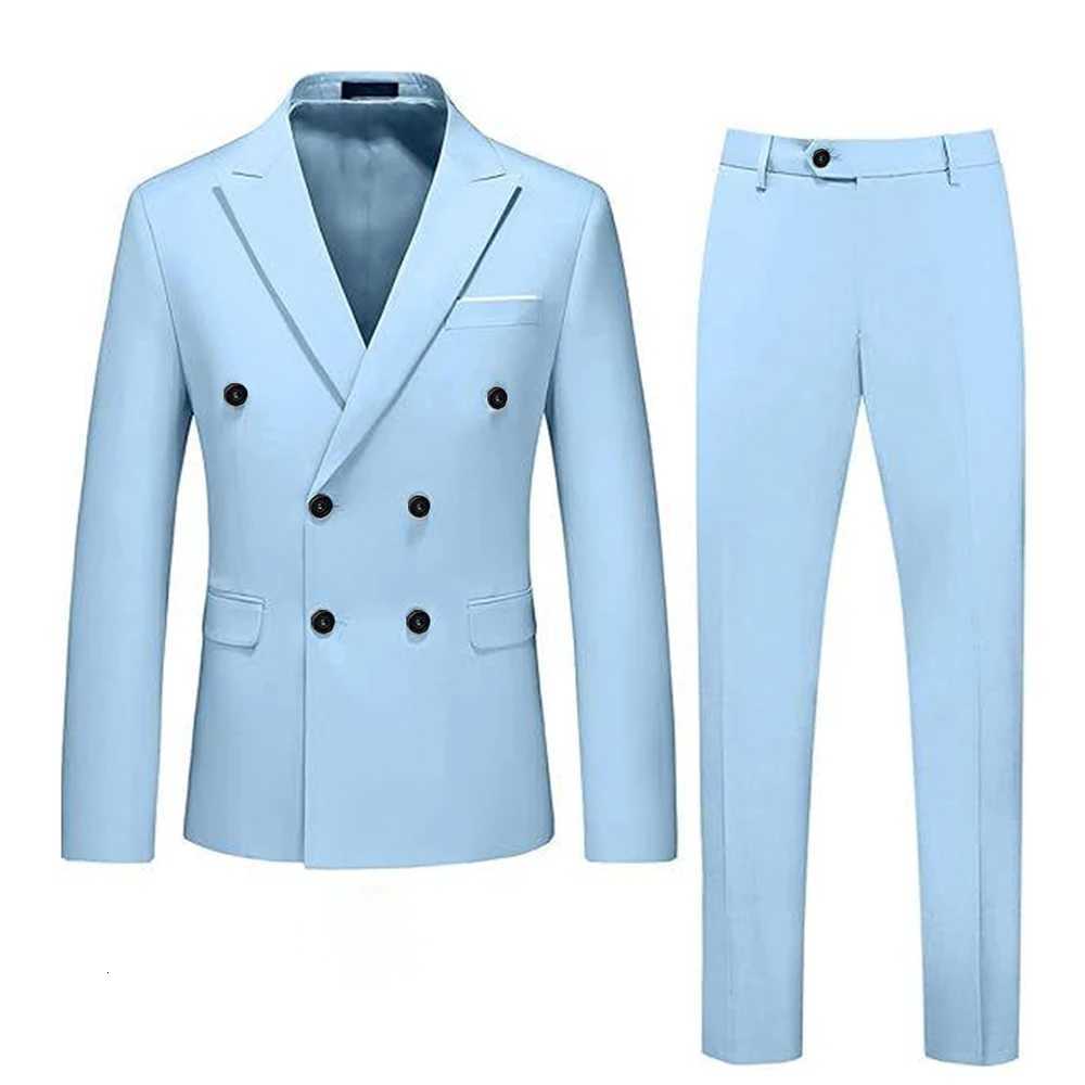 Double Breasted Men Suits Peak Lapel Sky Blue Flat Front Regular Length 2 Piece Jacket Pants Set Prom Party Costume Homme Blazer W250910