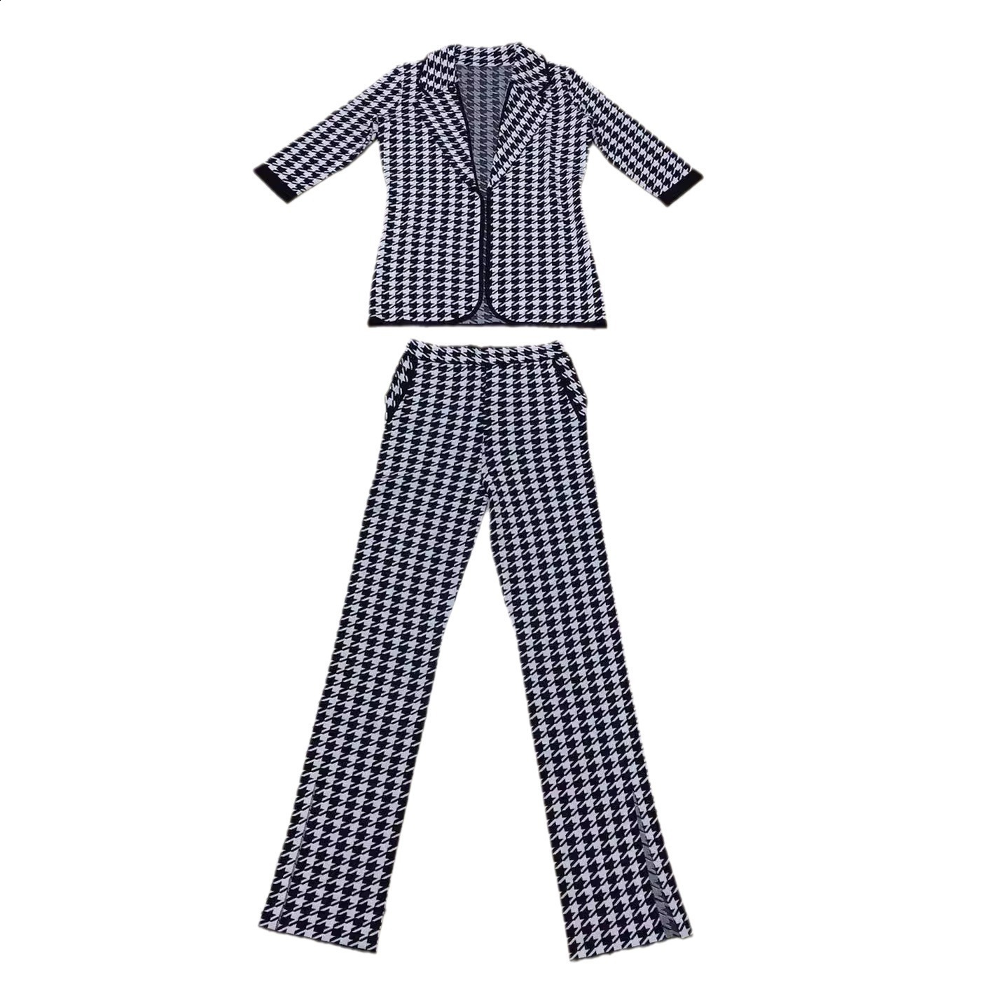 Houndstooth Women Long Sleeve Turn down Collar Jacket & long Pants Autumn Winter 2 Pieces Set for Women Outfits Lady Pants Sets LJ201126