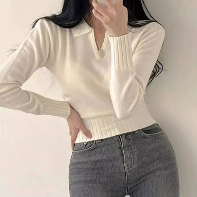 Xpqbb Korean Chic Turndown Collar Sweaters Female Gray Slim Fit Long Sleeve Cropped Sweater for Woman Streetwear Knit Pullovers dongdumaoyi