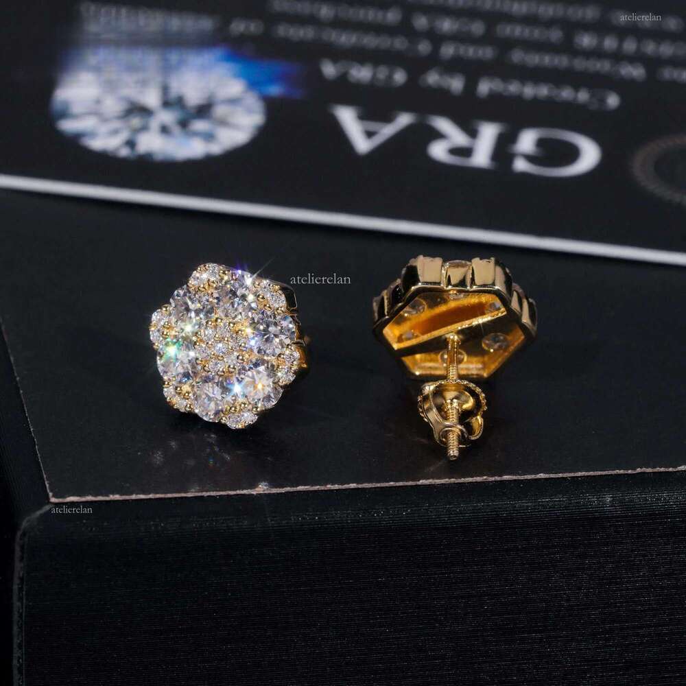 Fine Jewelry Flower Design Screw Back Ear Studs Iced Out Sterling Sier Gold Plated Moissanite Stud Earrings Ready To Ship