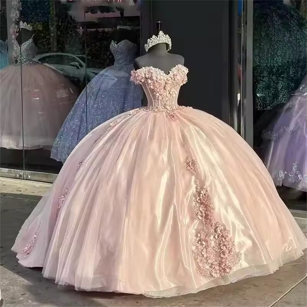 Ball Gown Quinceanera Dresses Pink Off Shoulder 3D Lace Flower Sweetheart Tulle Customized Sweet 15 16 Princess Birthday Party Gowns Vestidos De 15 An