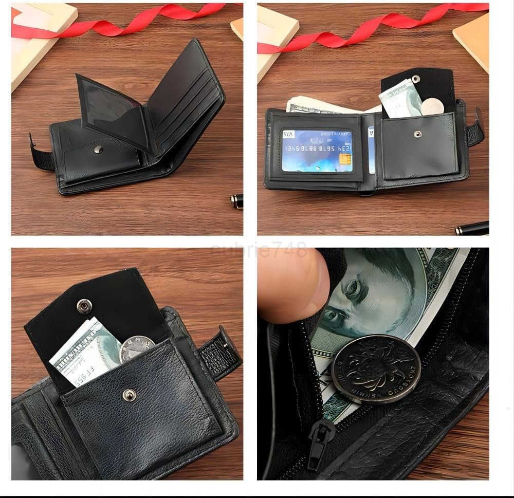 Wallet for Men Bifold Styles Fasten with Leather Belt Button Larger Capacity Multiple Card Slots with Coin PackeTCard Photo Holder Zipper wallets with