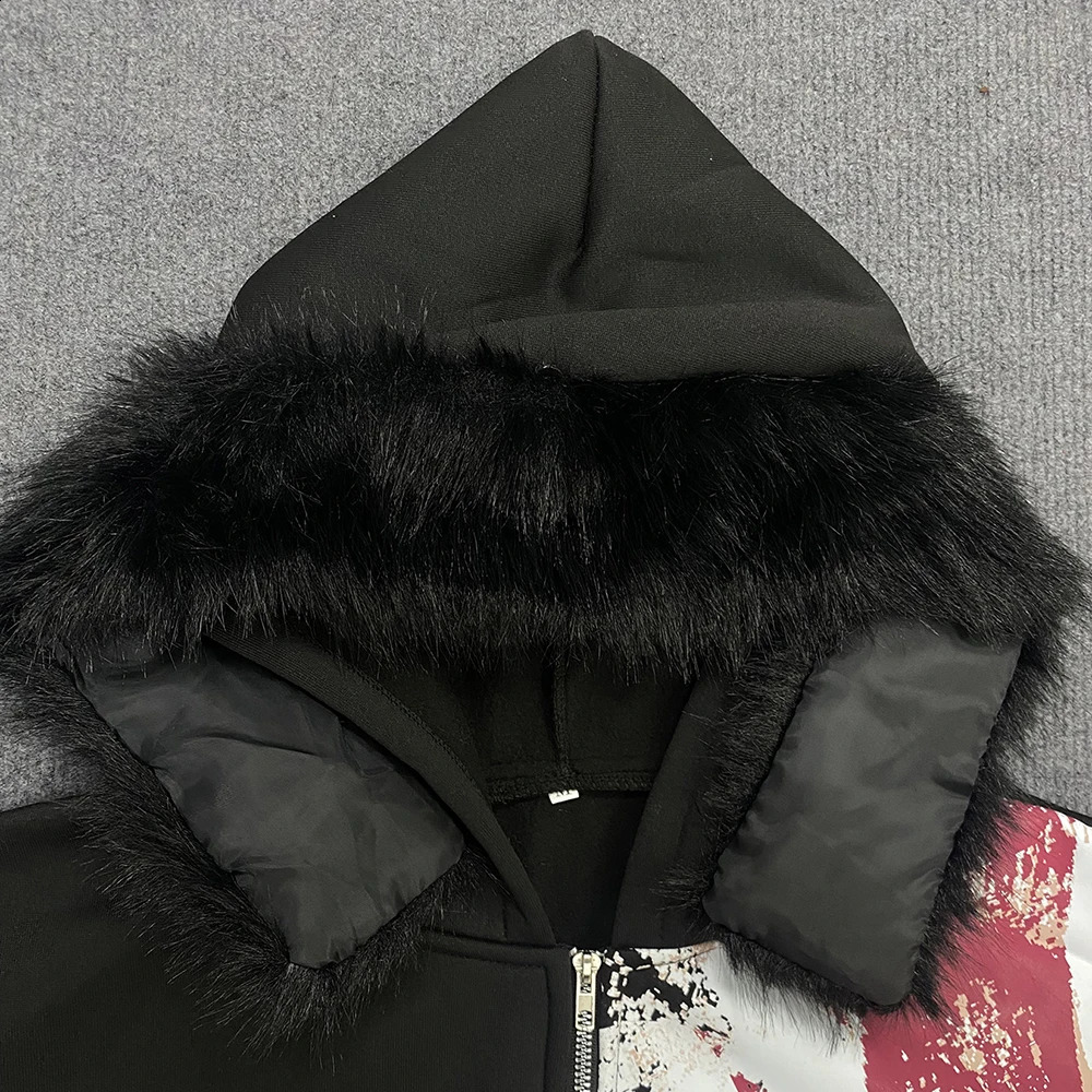 Retro Y2K Ins Fur Collar Printed Zipper Sweatshirt Long Sleeved Pullover Hoodie Street Trend Casual Retro Jacket 250909
