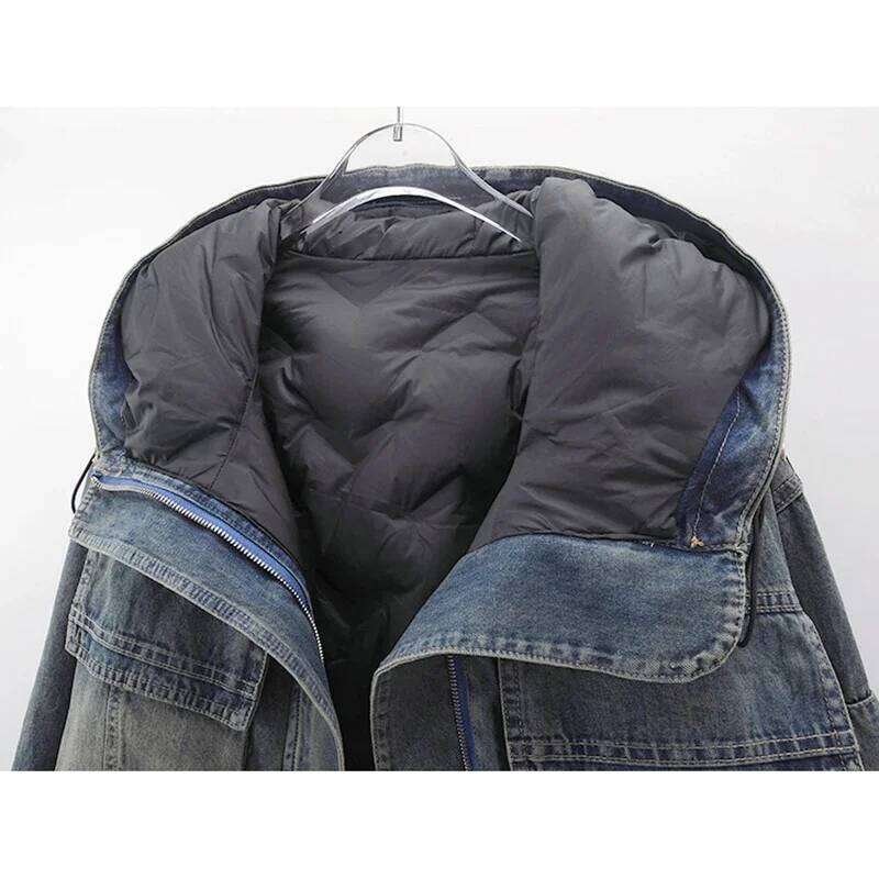 Designer Clothing 2025 Winter Down Cotton Liner Denim Women Cowboy Outerwear Loose Short Vintage Blue Hooded Big Pocket Jeans Jacket Coat Female