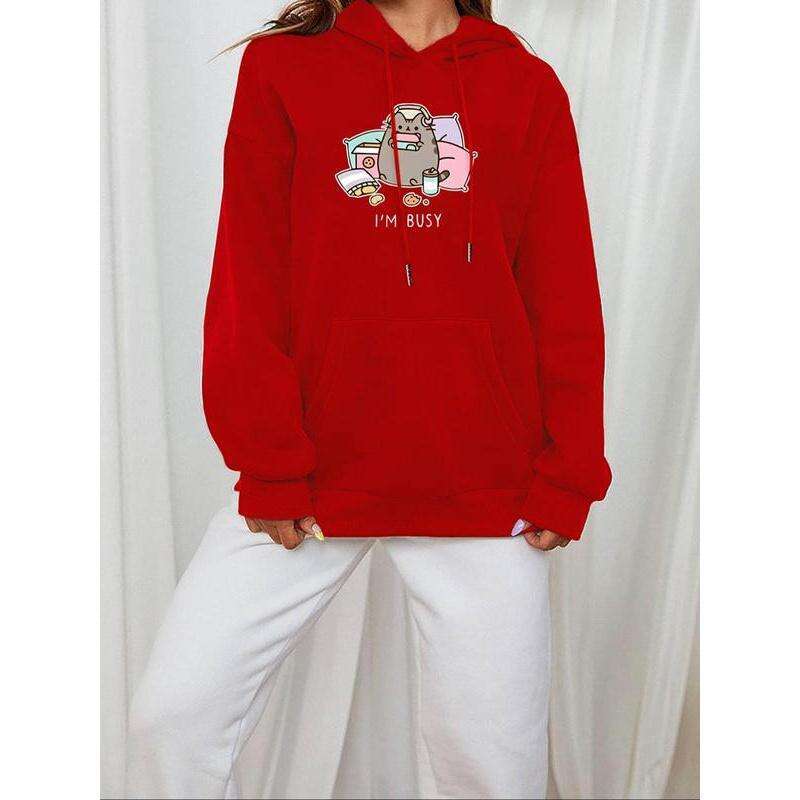 Women's Cartoon Cat Letter Print Drop Shoulder Hoodie, Fashion Casual Drawstring Pocket Hooded Sweatshirt Daily Holiday Outdoor Wear, Ladies Clot