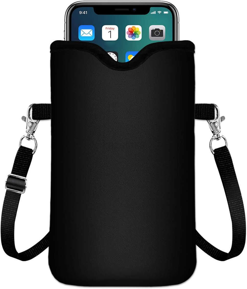 Neoprene Cell Phone Sleeve Pouch Case Bag with Crossbody Strap Neck Lanyard for Women Men 76 X 43 InchesSolid Black Shockproof Universal Phone Bag Z25