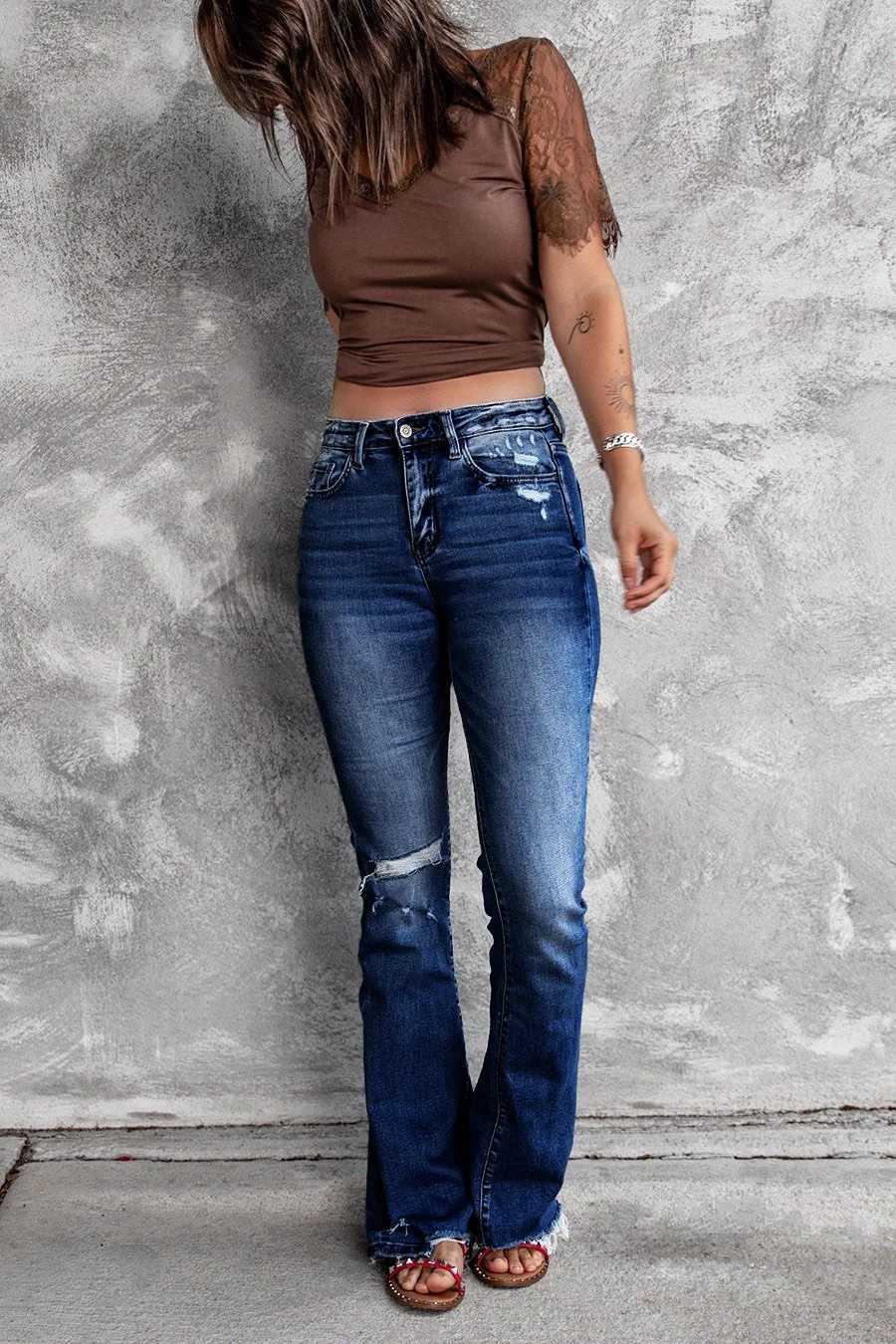Denims Boot Cut Women Hole Jeans Flare Pants High Waist Distressed Ripped Washed Vintage Streetwear Floor Length Trousers Z250910