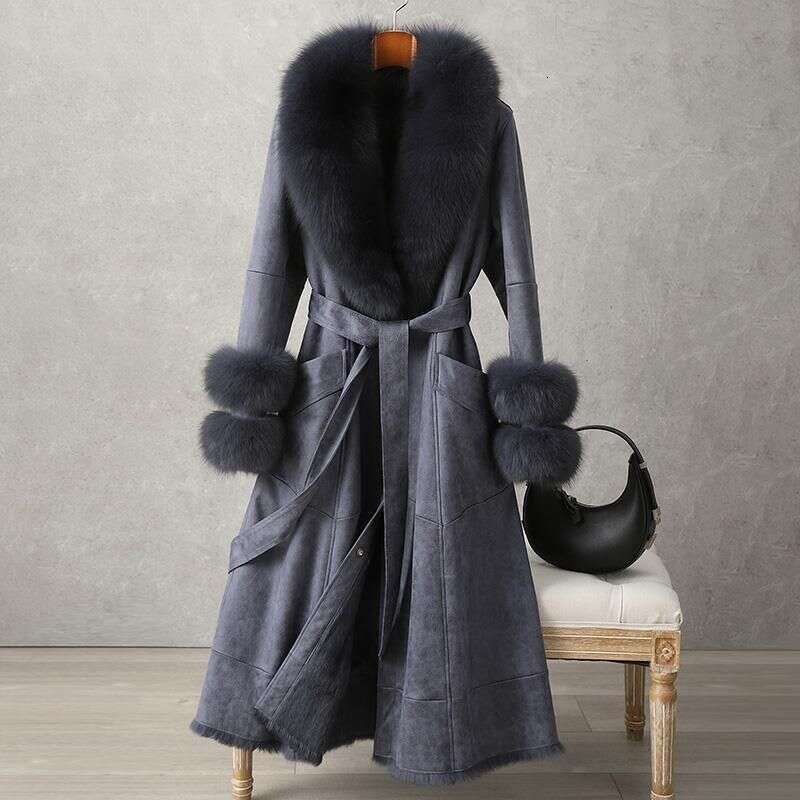 Women's Clothing Rabbit 2024 New Mid Length Women's Over The Knee Fox Fur Collar Coat Slim Fit