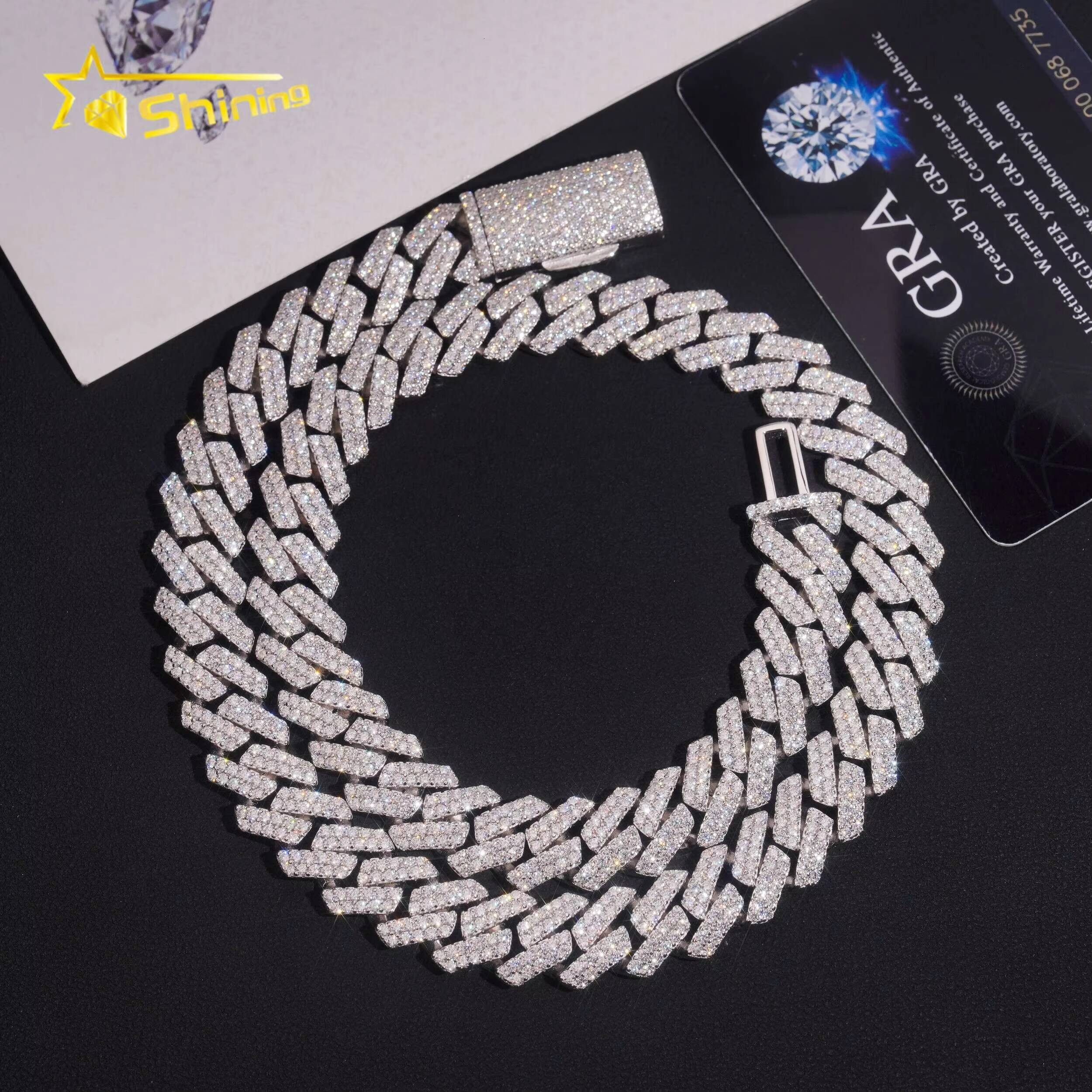 Pass Diamond Tester Two Row 14mm Width Iced Out Hip Hop 925 Sterling Silver Moissanite Cuban Link Chain