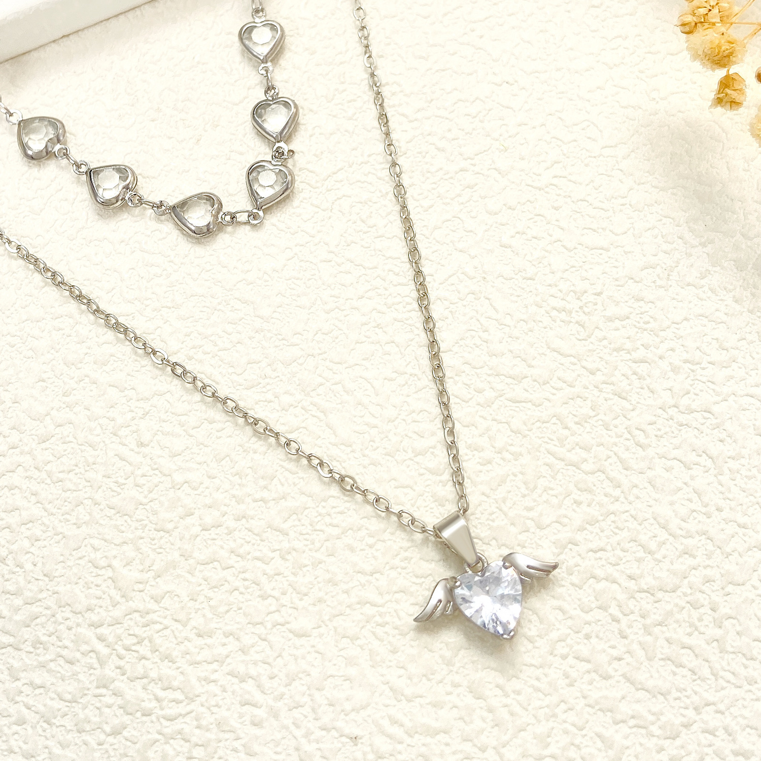 New Heart Wings Necklace For Women Ins Cool Style Creative Design Heart-Shaped Stacked Collarbone Chain