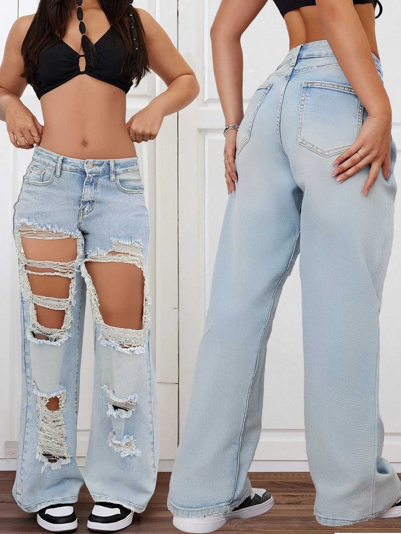 Womens Light Blue Distressed Wide Leg Jeans Extreme Ripped Style Z250910