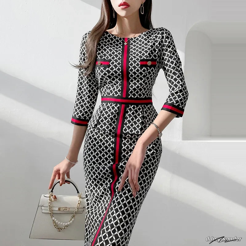 Style European And Korean Womens Clothing Socialite Printed Waist-Fitted Ruffle Edge Dress Summer Professional Wear 250723 ddmywonder ddmywonder