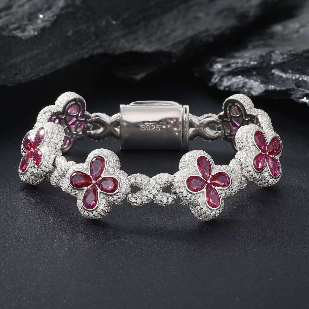 Fashion Mens Jewelry 17mm Sterling Sier VVS Moissanite Dia Colorful Iced Out Four Leaf Clover Infinity Link Bracelet