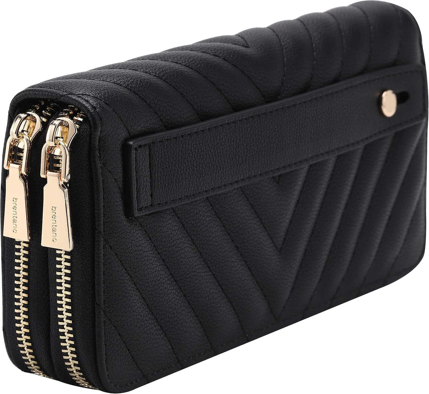 Vegan Leather Double Zipper Pocket Wallet with Grip Hand Strap Chevron Embroidered BlackZ250910