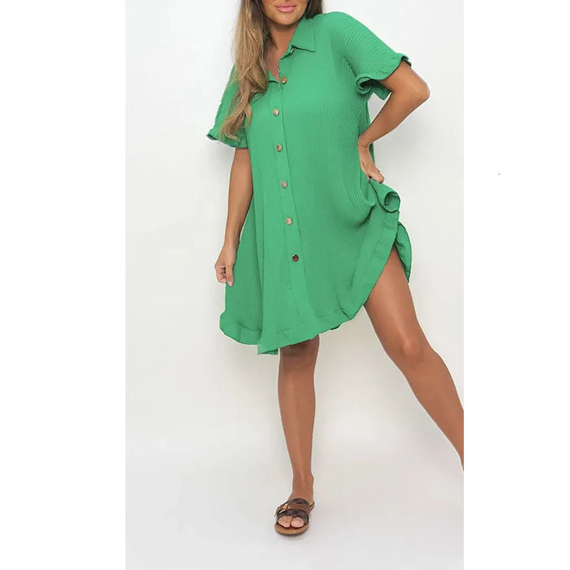 2025 summer new solid color shirt design dress with ruffled sleeves, designer women's irregular dress
