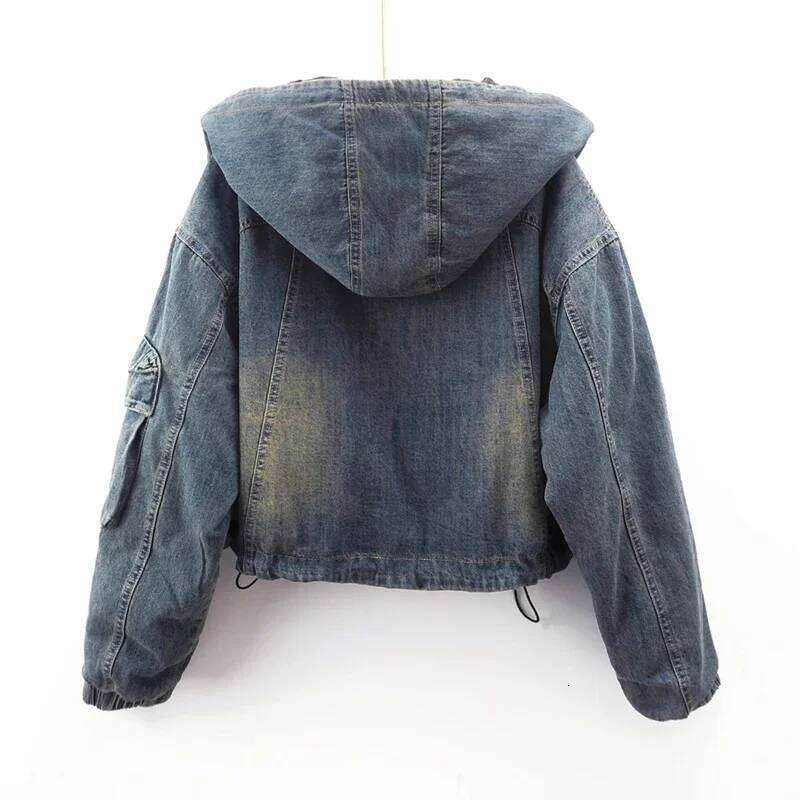 Designer Clothing 2025 Winter Down Cotton Liner Denim Women Cowboy Outerwear Loose Short Vintage Blue Hooded Big Pocket Jeans Jacket Coat Female