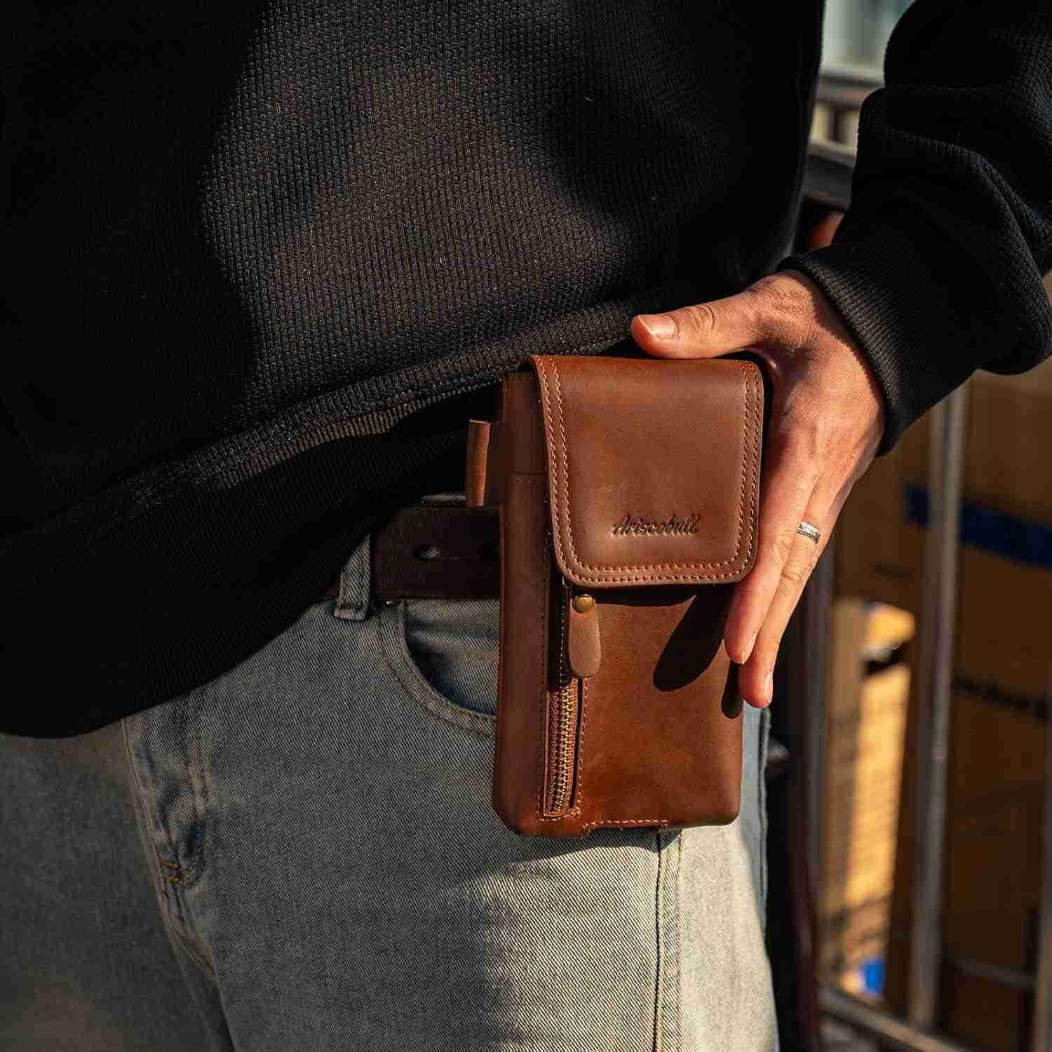 Leather Phone Holster Genuine FullGrain Buffalo Leather Cell Phone Holsters for iPhone 16 15 14 13pro S24 S23 S227 X 35 Coffee Z250910