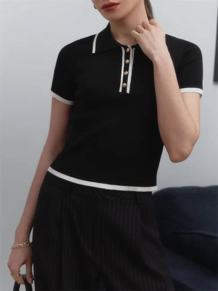 Knit Sweater Women Short Sleeve Patchwork Slim Lapel Elegant Contrast Knitwear Top Female Skinny Ribbed Pullover dongdumaoyi