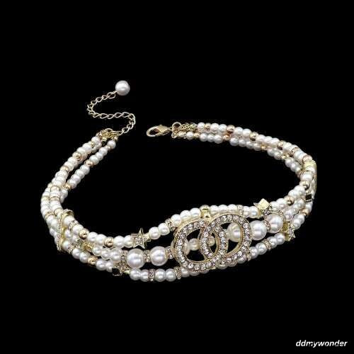 Xiaoxiang Inlaid Double C Family Collarbone Chain Pearl Choker Necklace ddmywonder ddmywonder