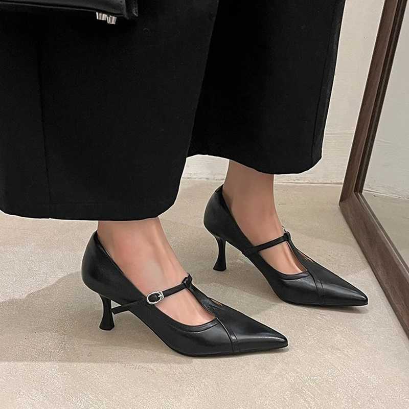 NEW SpringAutumn Women Pumps Genuine Leather Shoes for Women Pointed Toe Thin Heel Shoes Concise Tstrap Shallow Designer Shoes W250910