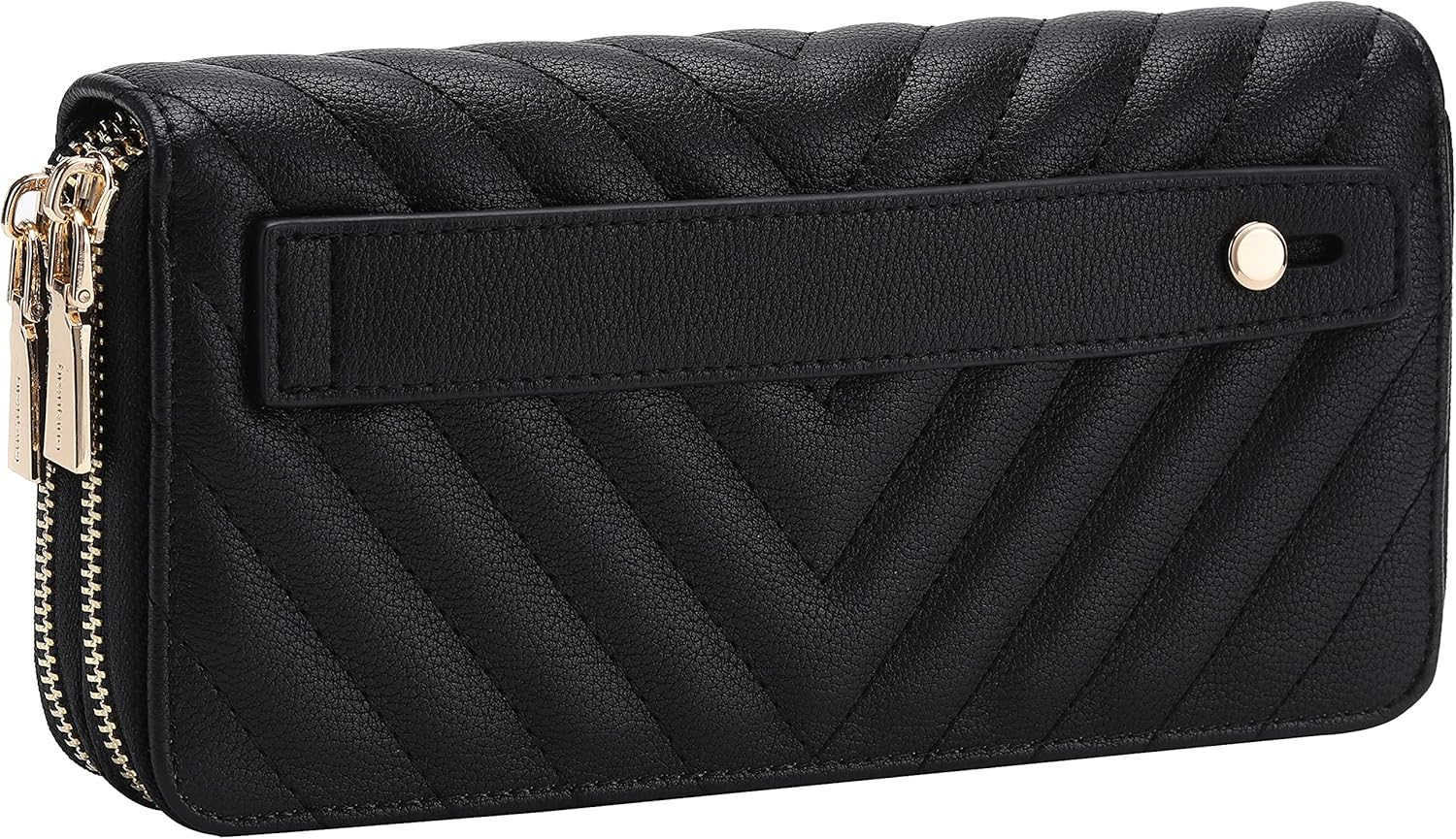 Vegan Leather Double Zipper Pocket Wallet with Grip Hand Strap Chevron Embroidered BlackZ250910