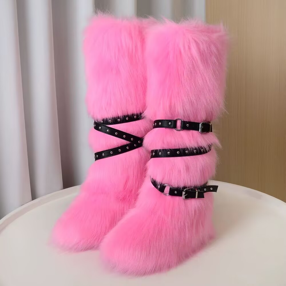 Hot girl sexy 40cm high top snow boots 2025 new cross belt buckle fur long fur boots