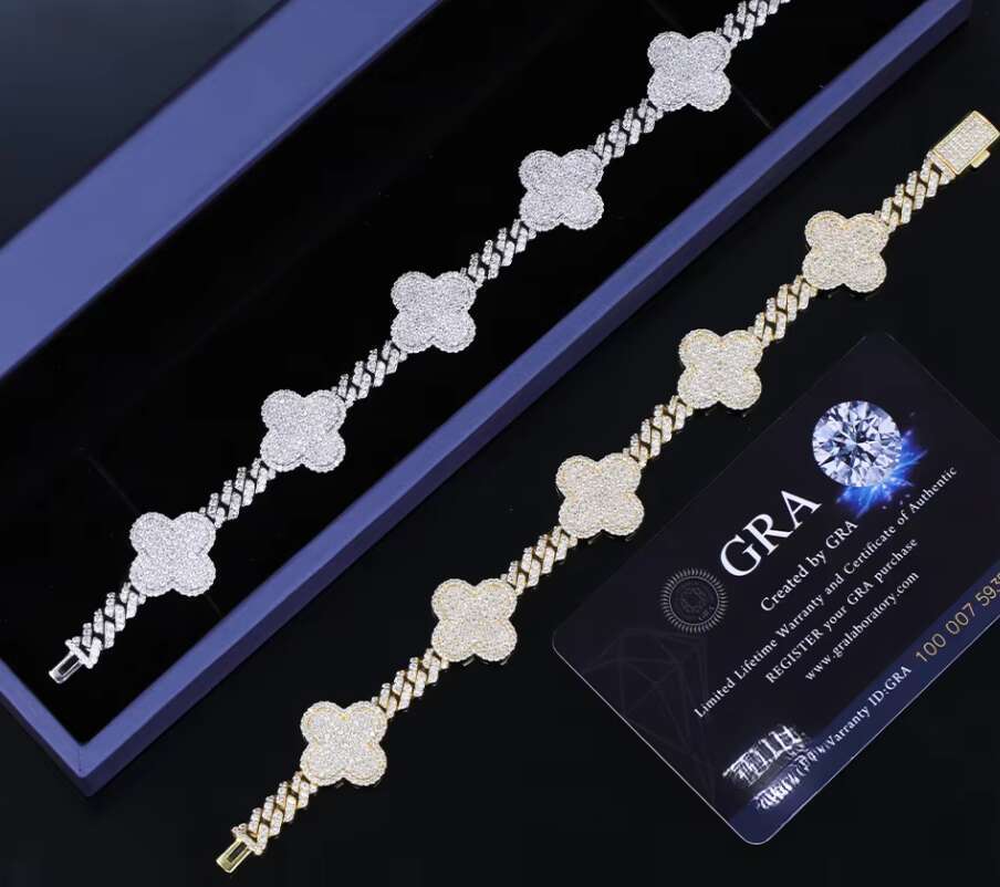 Hip Hop Ice Dia Four Leaf Clover Sier VVS Tennis Bracelet GRA Moissanite Bracelets Bangles