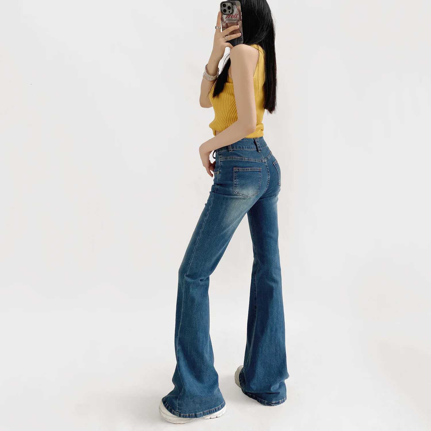 HighWaist Flared BellBottom Jeans for Women Retro Slim Fit Stretch Denim with Side Button Accent Z250910