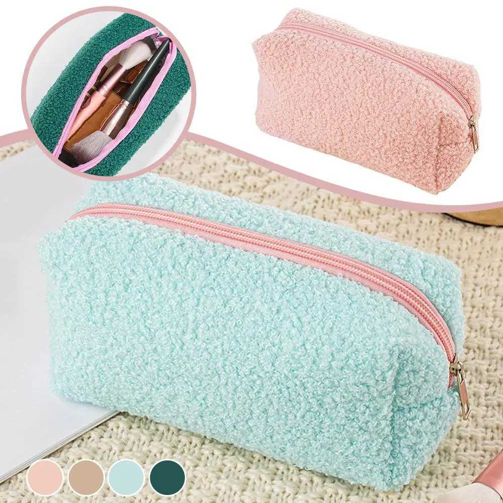 Zipper Plush Cute Large Solid Color Cosmetic Bag Makeup Bag for Women Travel Make Up Toiletry Bag Washing Pouch Pen PouchXJ250910