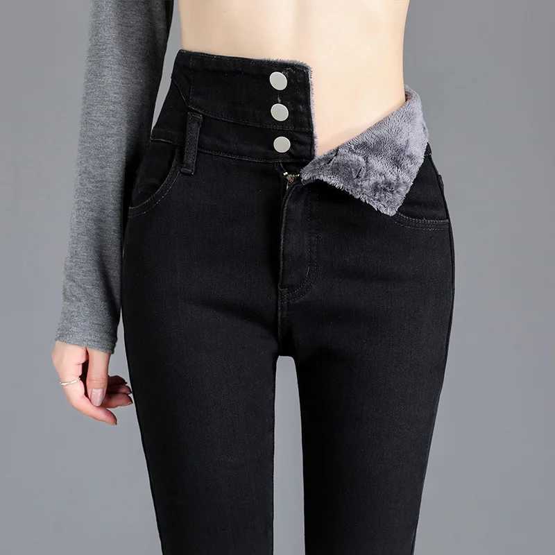 Thermal Winter Thick Fleece Highwaist Warm Skinny Jeans Thick Women Stretch Button Pencil Pants Mom Casual Velvet Jeans Z250910