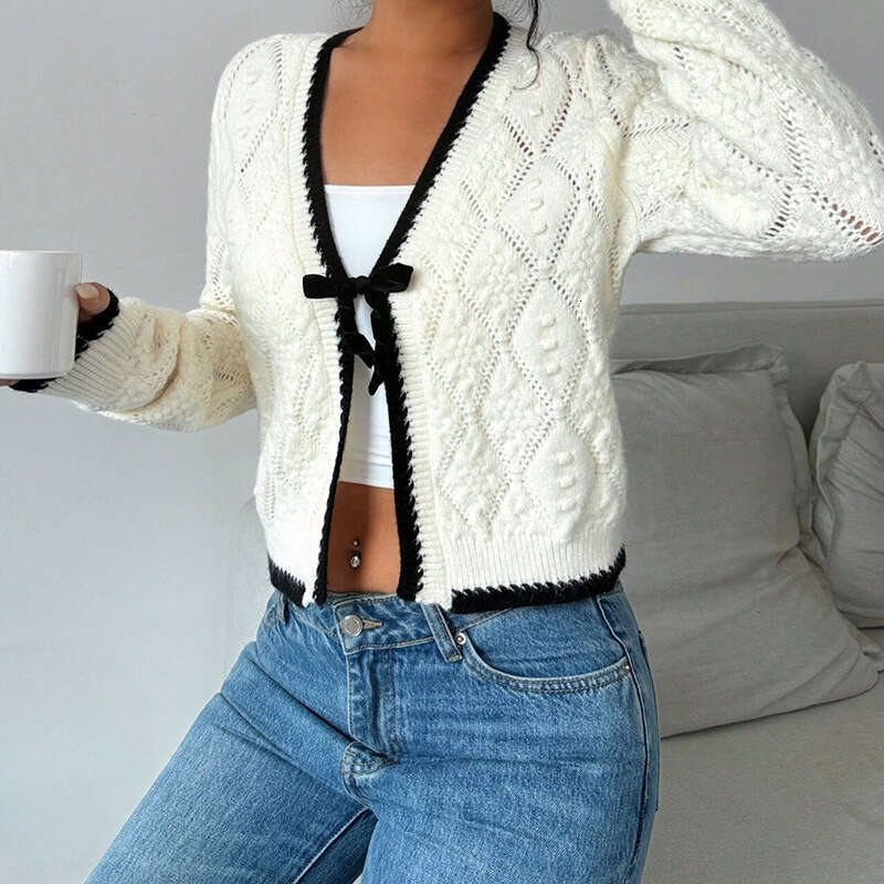 New Sweater Autumn Winter Fashion Casual Bow White Cardigan Coat For Women Trendy B3