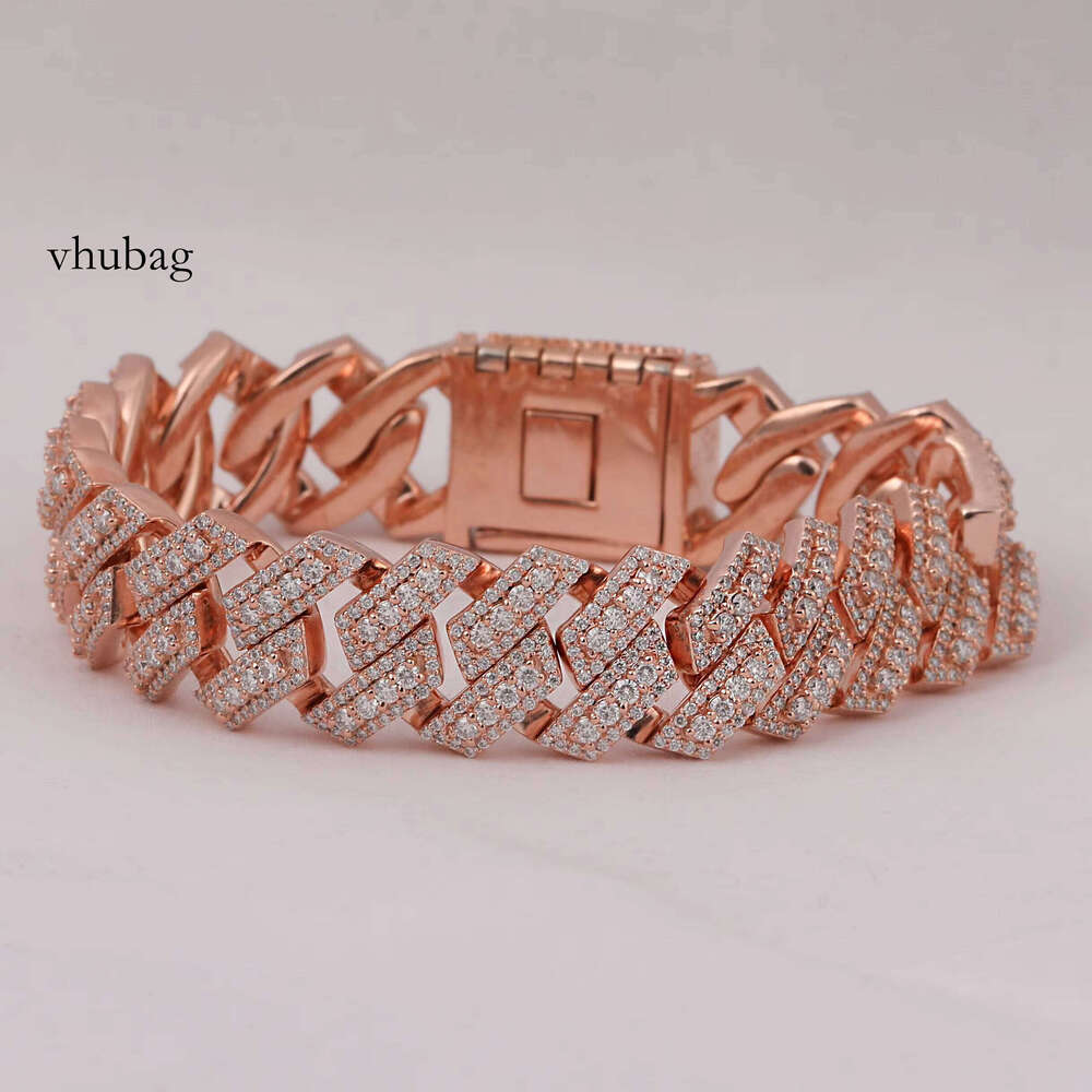 Rose Gold Plated Moissanite Cut Dia Men's Full Iced Cuban Link Chain Bracelet Hip Hop Rapper Style Men Gift