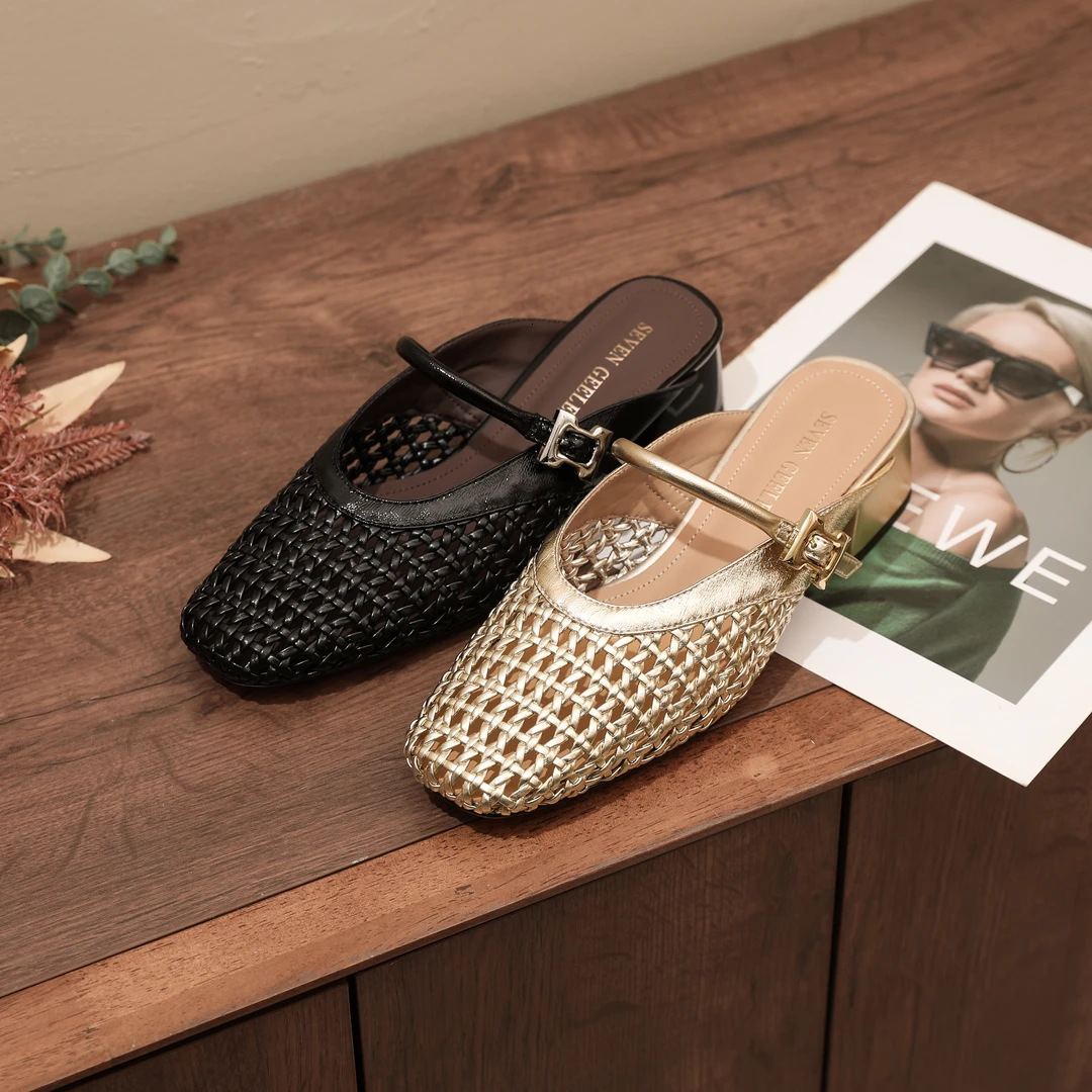 Designer high heels with mesh hollow toe closed flat shoes women's single strap woven half slippers simple high heels lazy slippers