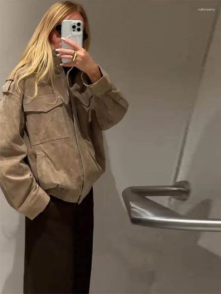 Women's Jackets Standing Collar Casual Leather Suede Texture Coats Zipper Pockets Fold Tops High Street Autumn Lady Clothes