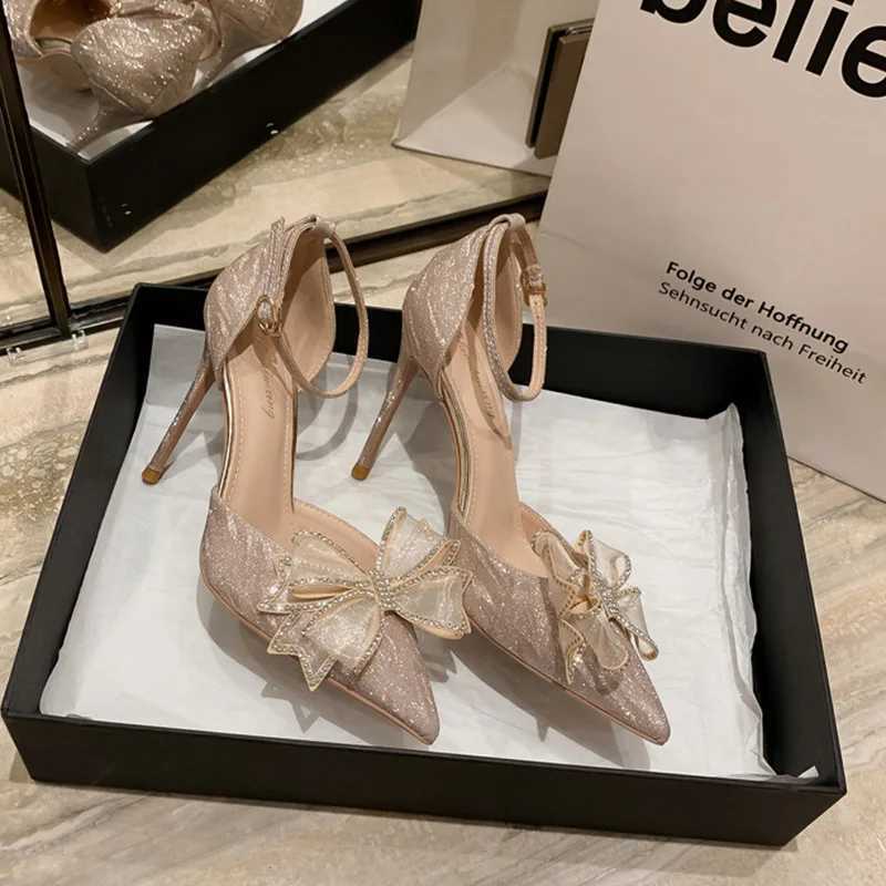 Elegant Silver High Heels Pumps Women Autumn Plus Size 42 Ankle Straps Party Shoes Woman Pointed Toe Bowtie Wedding Shoes W250910