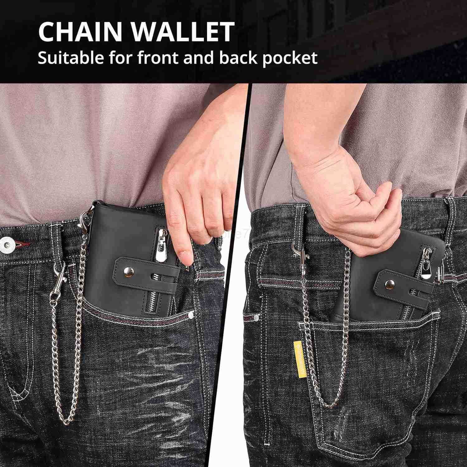 Mens Wallet with Chain RFID Blocking Genuine Leather Bifold Purse for Men with ID Window and Zip Coin PocketZ250910