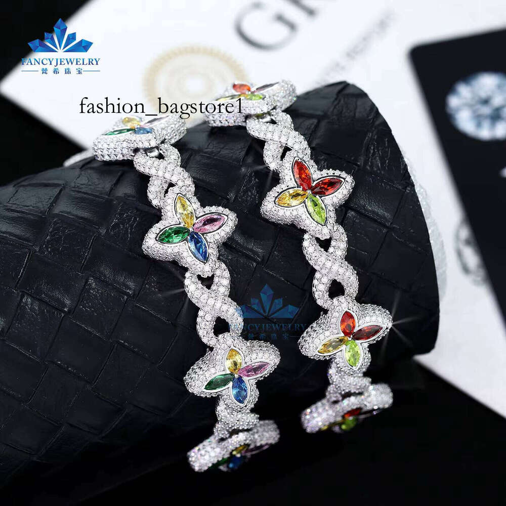 2025 Colorful Marquise Eye Moissanite Four-Leaf Clover Sier Cuban Chain Bracelet Gold-Plated Men's Women's Party Jewelry Gift