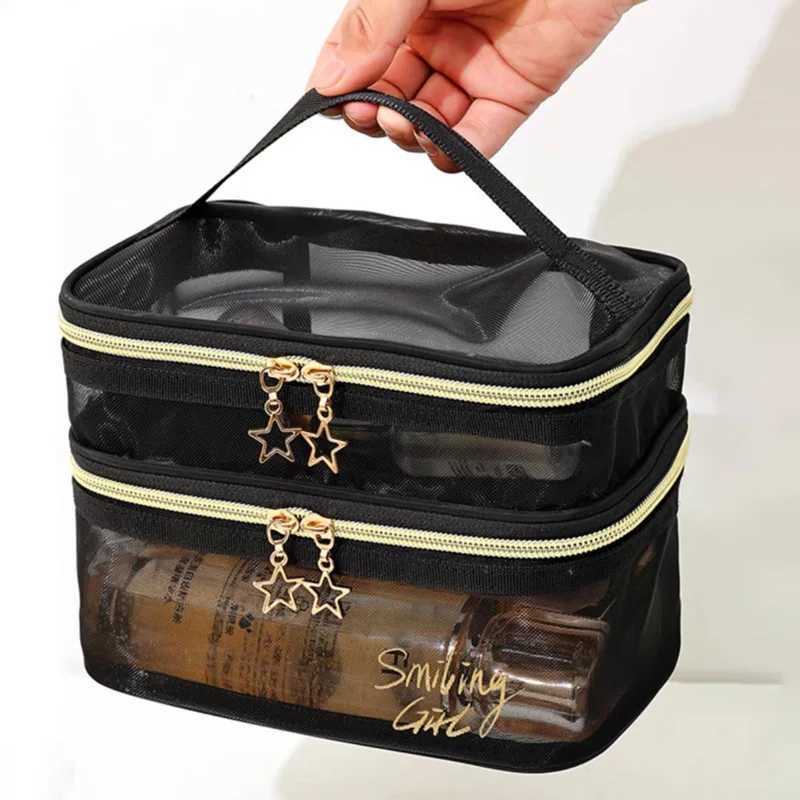 Travel Cosmetic Bag Transparent Mesh Pouch Double Layer Makeup Handbag WomenS Portable Travel Bag Toiletries Kit OrganizerXJ250910