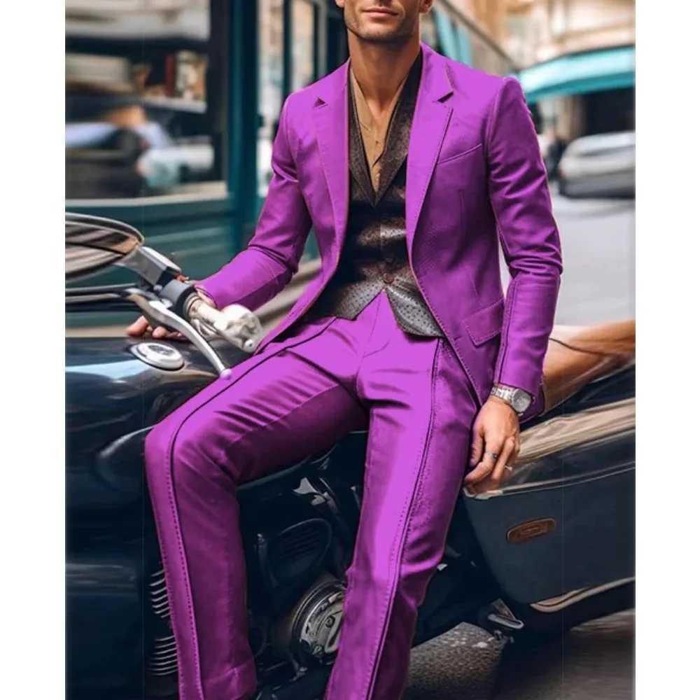 Casual Mens Blazer and Pants 2 Piece Set Lapel Long Sleeve PU Leather Jacket Men Business Casual Prom Suit Motorcycle Style W250910