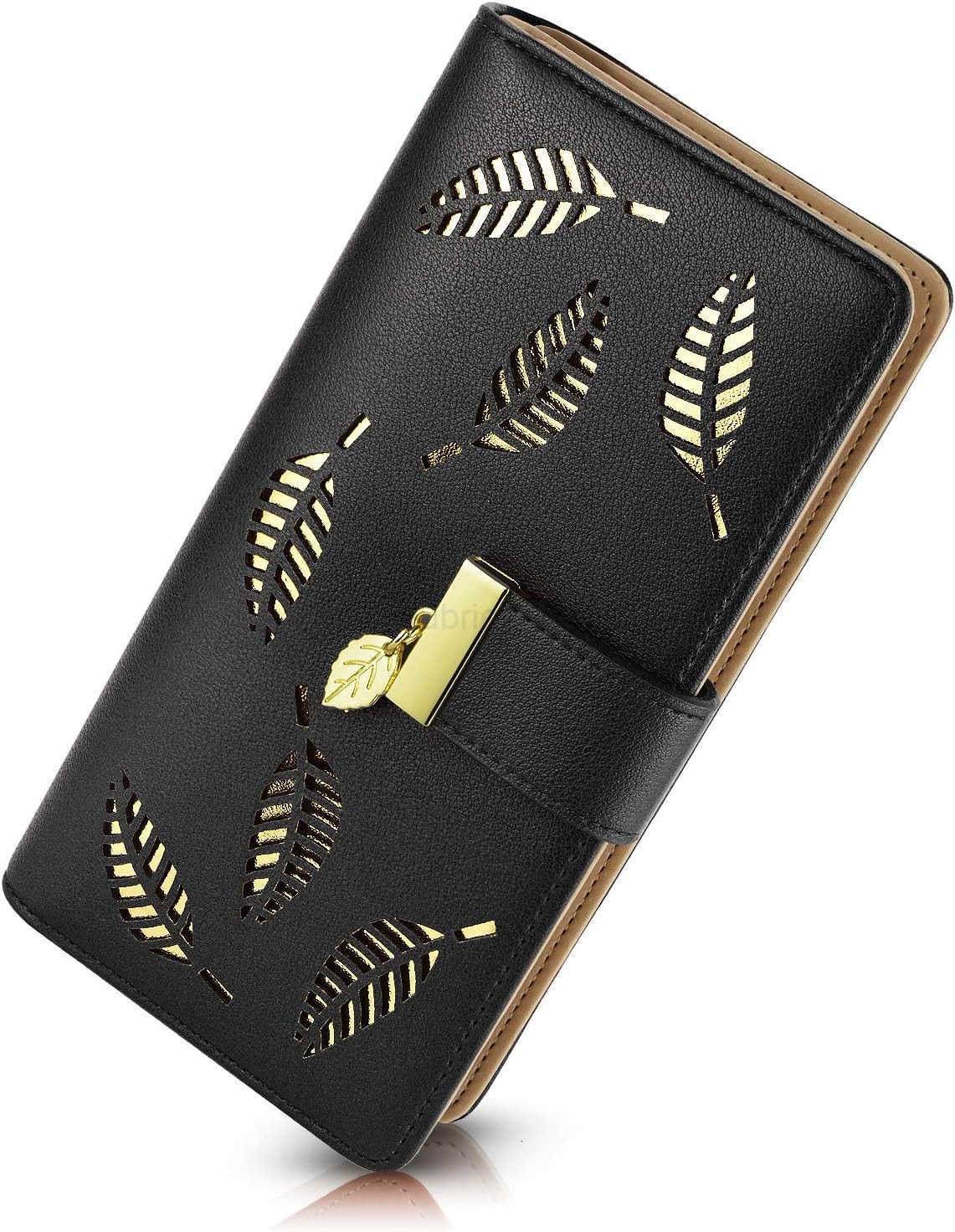 Womens Wallet Women CARD Holder Hollow Leaf Pattern Bifold Leather Lady Long Wallet Purse Zip Birthday Xmas Gifts for Women GirlsBlackZ250910